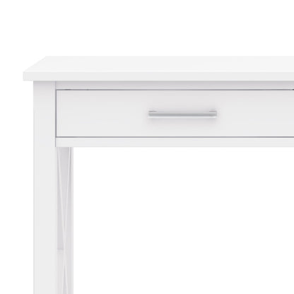 A close-up of the Kitchener - Handcrafted Table, showcasing its modern white finish and single drawer with a horizontal silver handle, focusing on the top and upper section of the table.