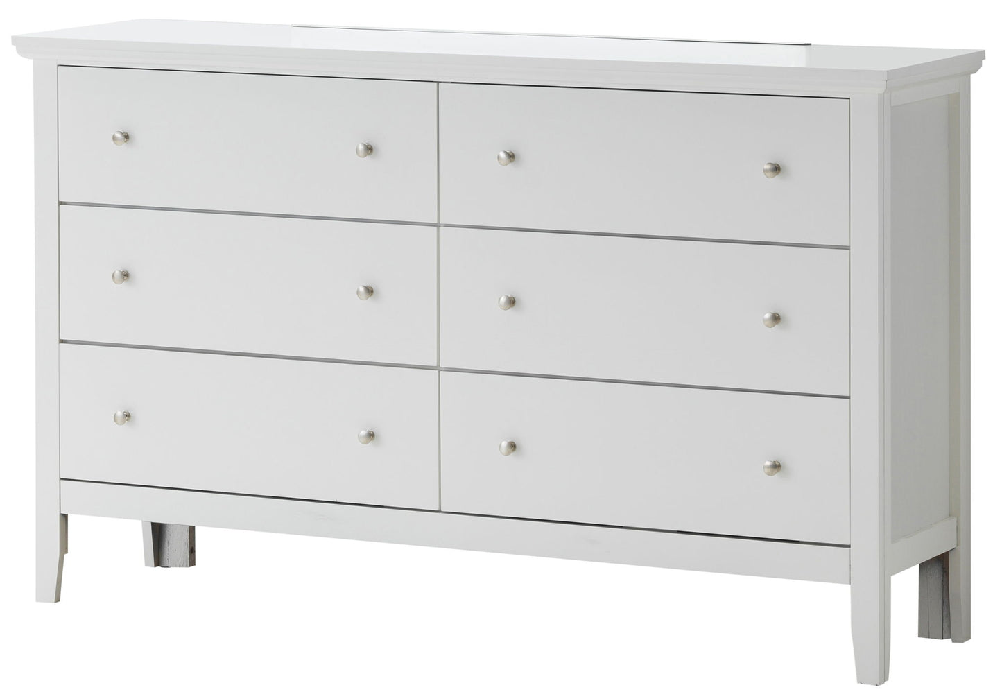 The Primo - Dresser is a white wooden piece with six drawers arranged in two rows of three, each fitted with a small round metal knob. It features clean lines and stands on short legs for a simple, modern look.