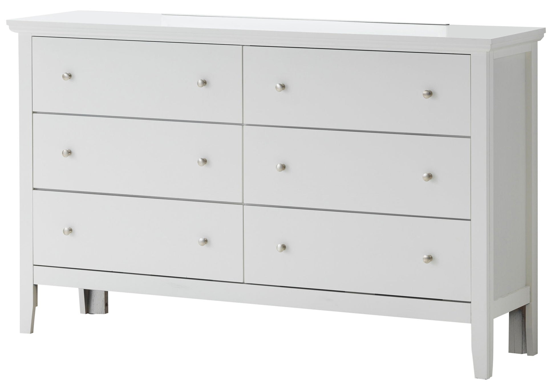 The Primo - Dresser is a white wooden piece with six drawers arranged in two rows of three, each fitted with a small round metal knob. It features clean lines and stands on short legs for a simple, modern look.