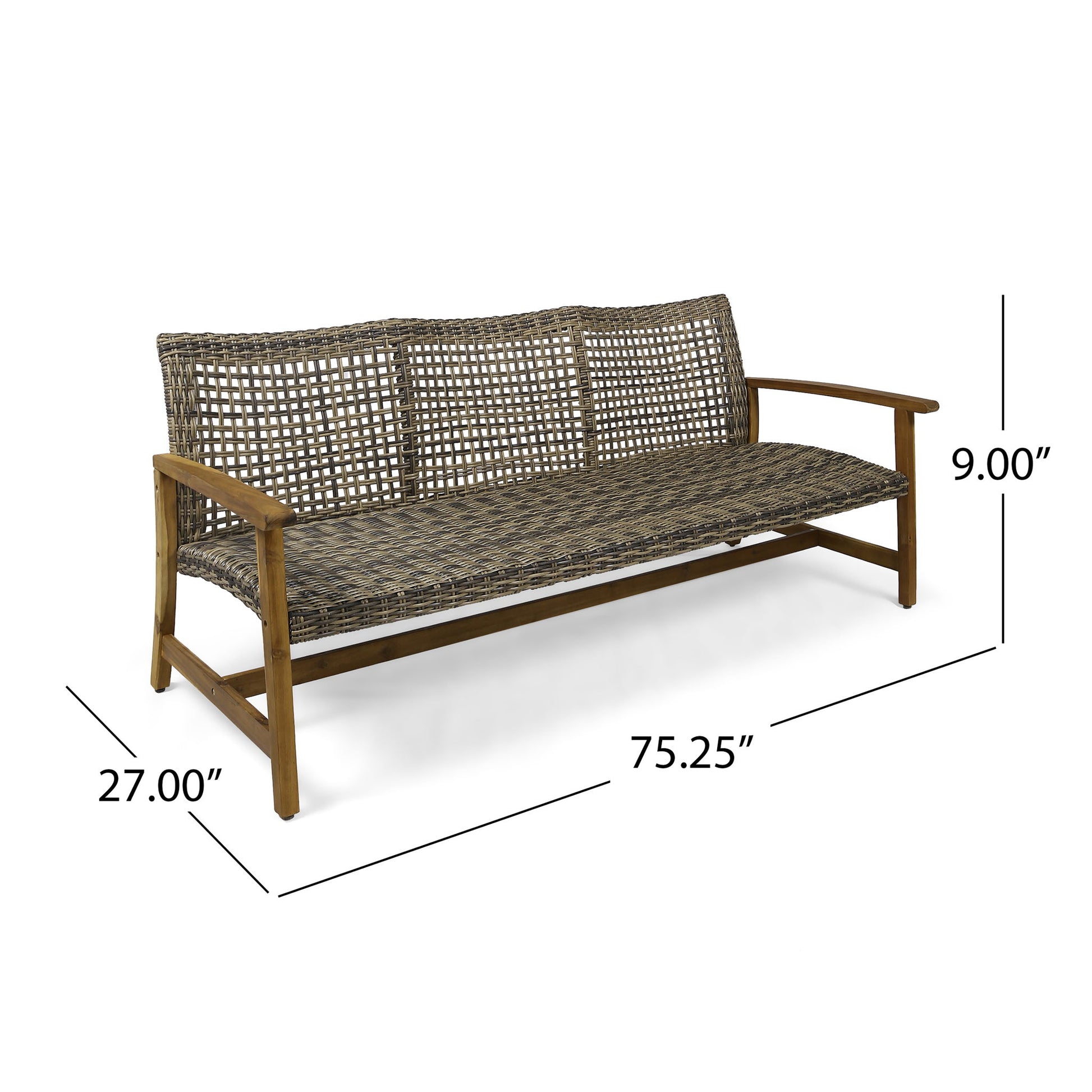 The Outdoor 3 Seater Sofa With Rattan Cover - Gray features a wooden frame, rattan-covered seat and back, and measures 75.25" wide, 27" deep, with a seat height of 9".
