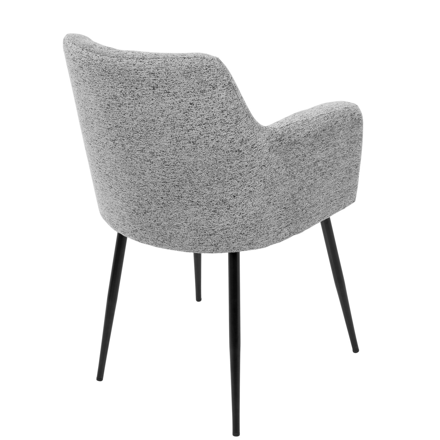 The Andrew - Contemporary Dining Chair (Set of 2) features light gray fabric upholstery, a curved backrest, and slim black metal legs, shown from the back.