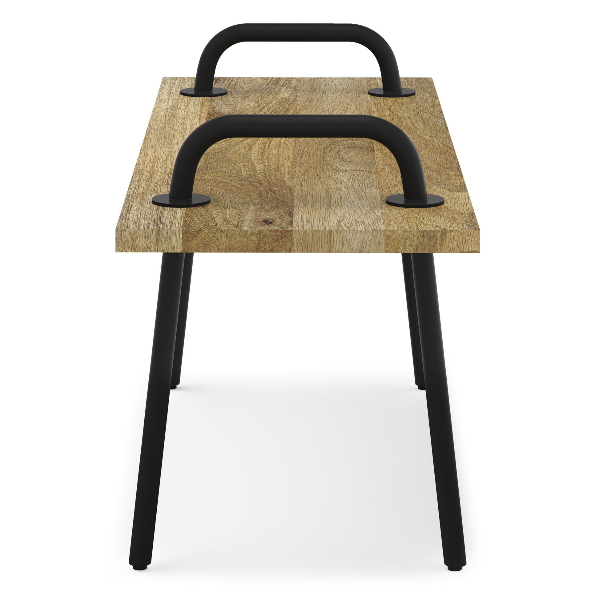 The Berkeley Entryway Bench features a wooden seat, black metal legs, and two black metal handles on top, shown from the narrow end against a white background.