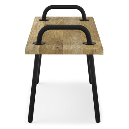 The Berkeley Entryway Bench features a wooden seat, black metal legs, and two black metal handles on top, shown from the narrow end against a white background.