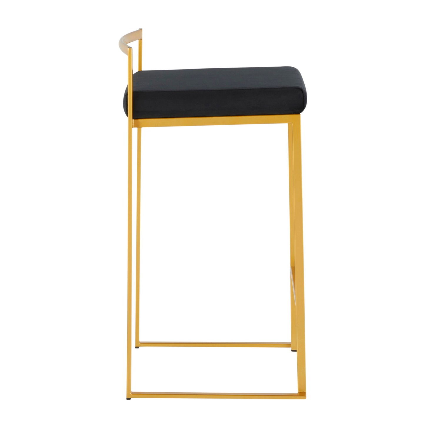 The Fuji Contemporary/Glam Counter Stool (Set of 2) features a black cushioned seat, minimalistic gold metal frame, and a simple side backrest—shown here in a modern side view.