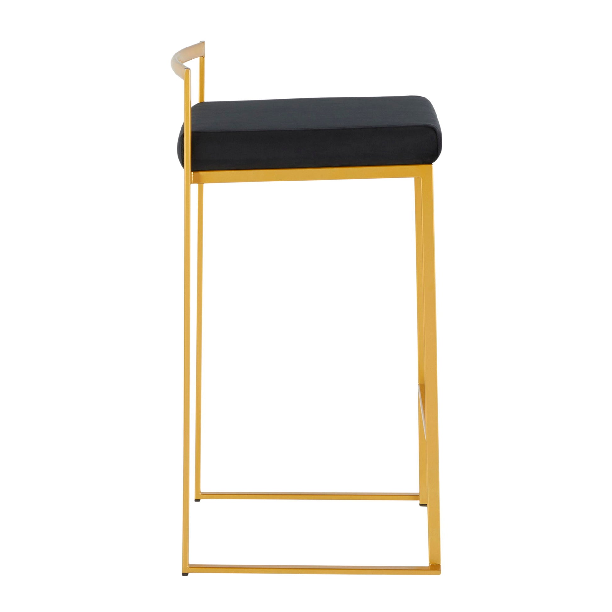 The Fuji Contemporary/Glam Counter Stool (Set of 2) features a black cushioned seat, minimalistic gold metal frame, and a simple side backrest—shown here in a modern side view.