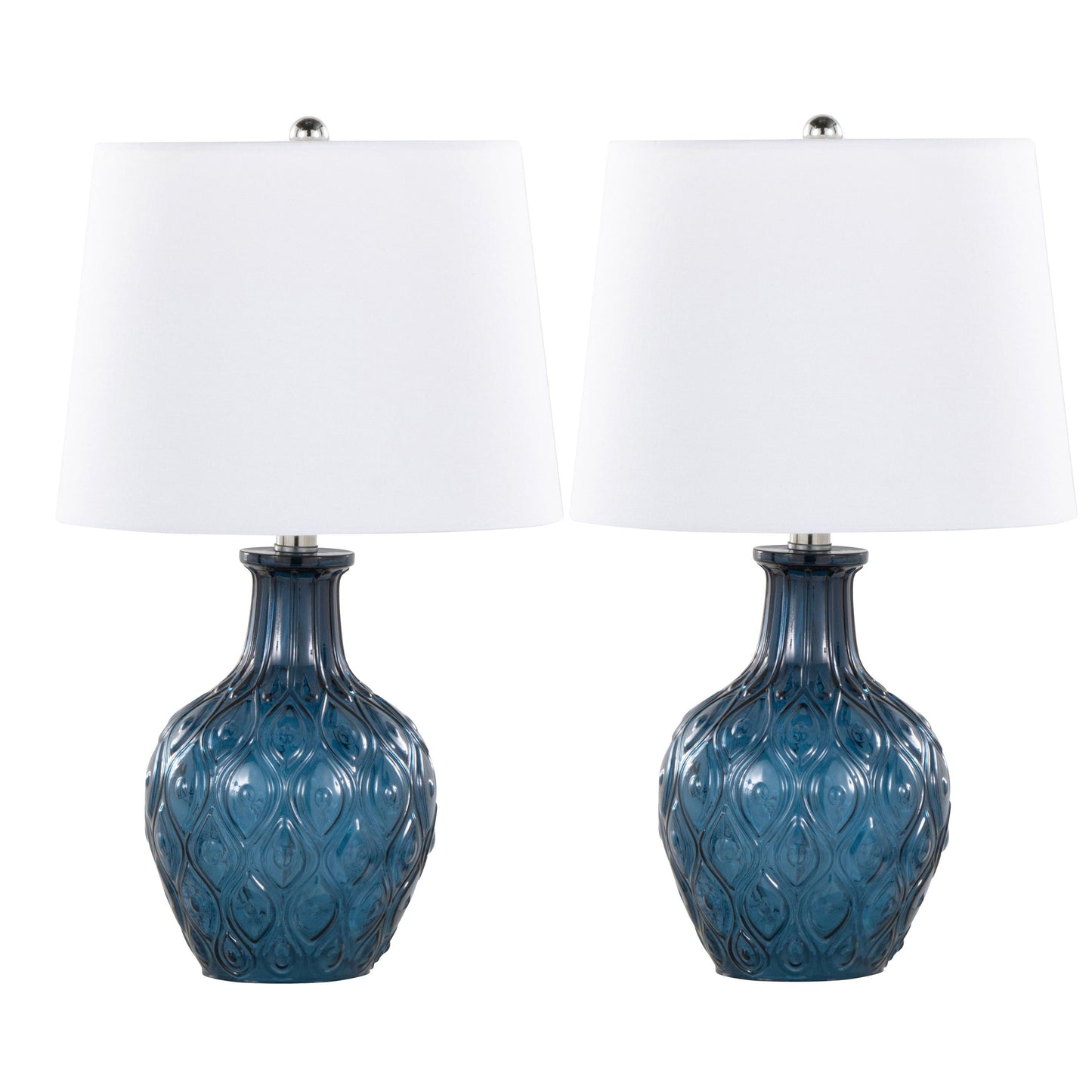 A pair of Gloria table lamps with textured blue diamond-patterned bases and white fabric shades are stylishly positioned side by side on a plain white background.