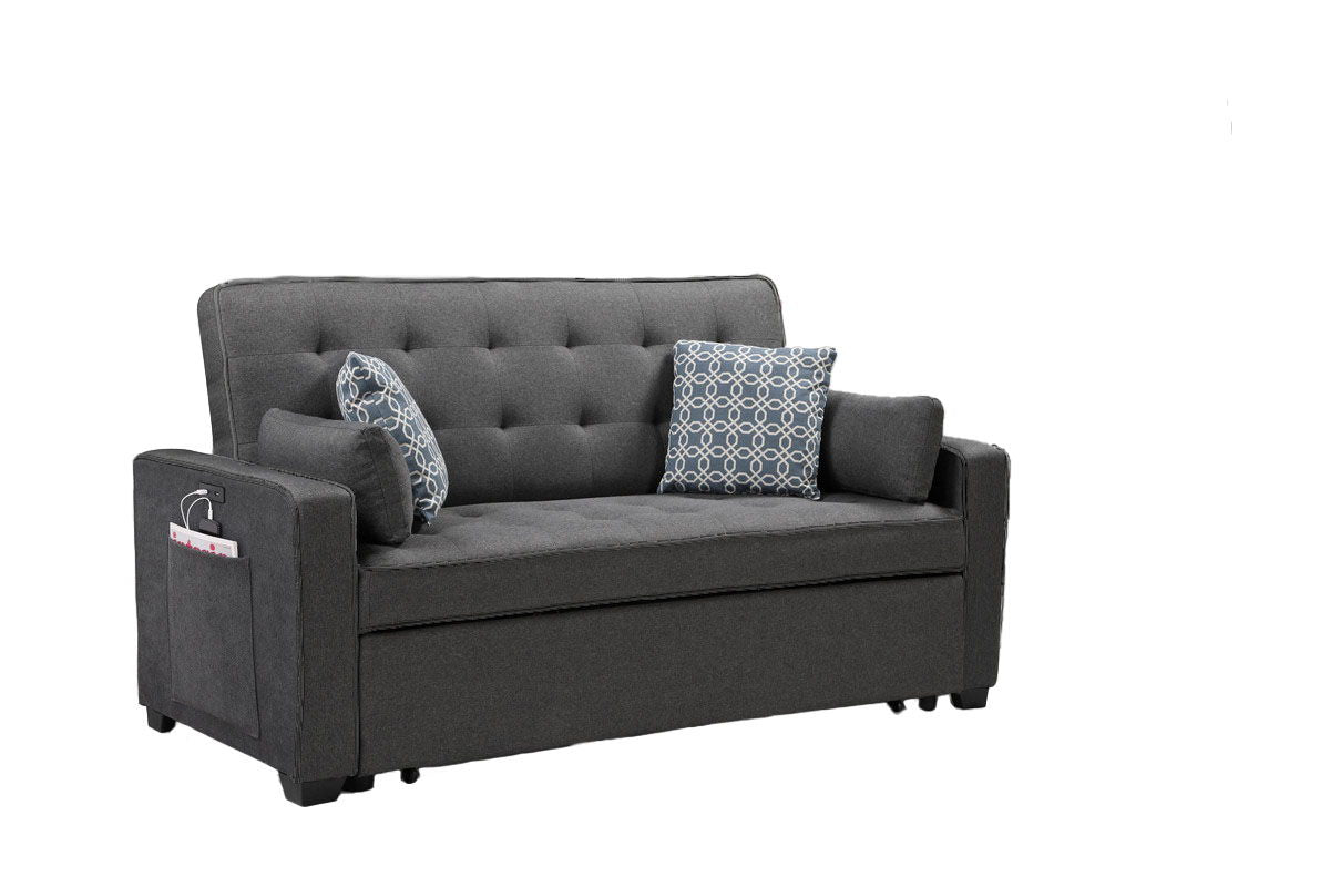 The William Modern Fabric Sleeper Sofa in gray features a button-tufted backrest, 4 accent pillows, 2 USB charging ports, and a magazine pocket on the left armrest, set against a white background.