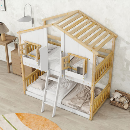 The room features the House Bunk Bed with Roof, window, window box, door, safety guardrails, and ladder—styled like a wooden playhouse. Also included: a nightstand, lamp, teddy bears, and a colorful round rug.