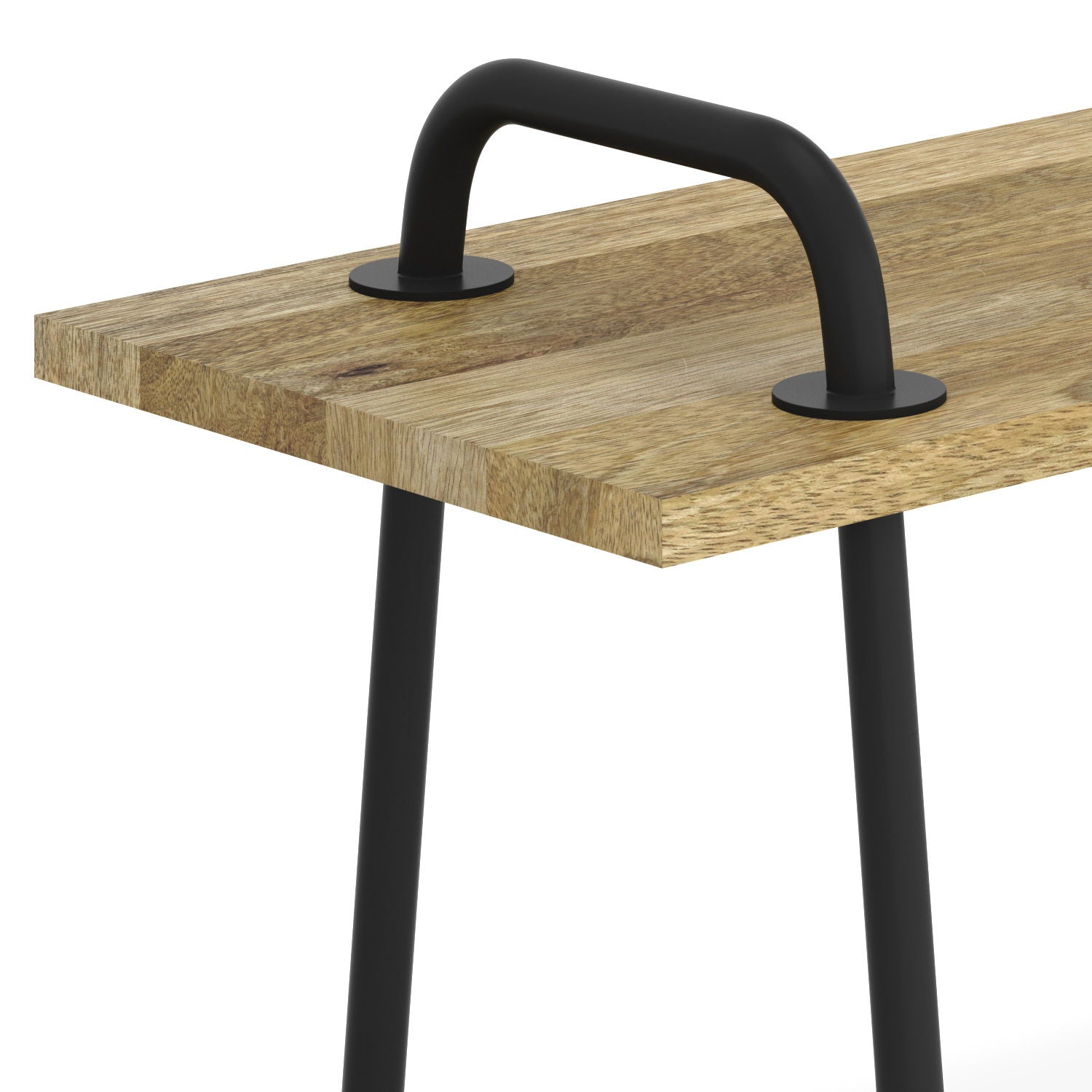 The Berkeley - Entryway Bench features a wooden top with black metal legs; one arches above like a handle, another supports from below, creating a modern and minimalistic design.