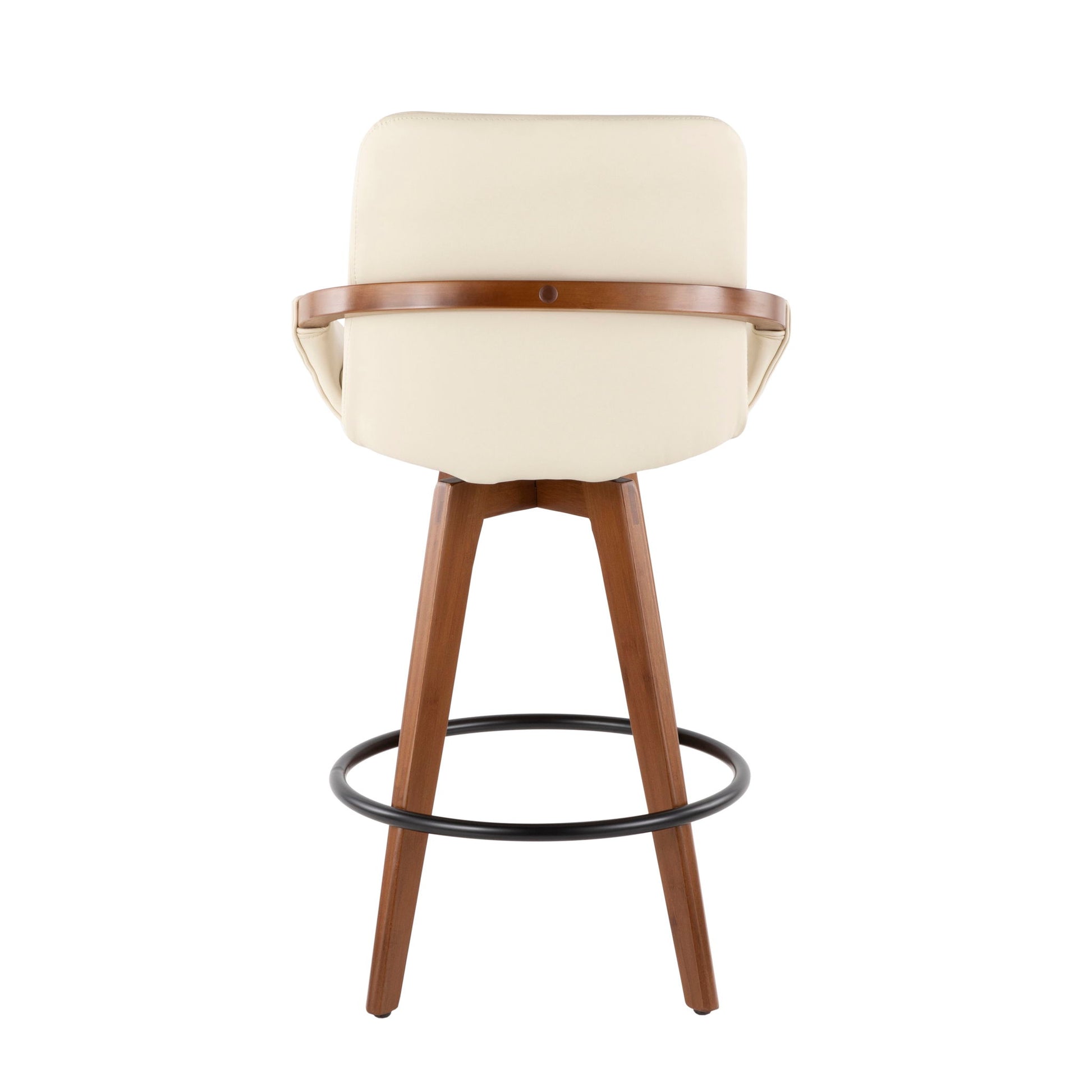 The Cosmo - Mid Century Counter Stool features a cream upholstered backrest, wooden frame and legs, a curved wood back support, and a black metal footrest. Shown from the back.