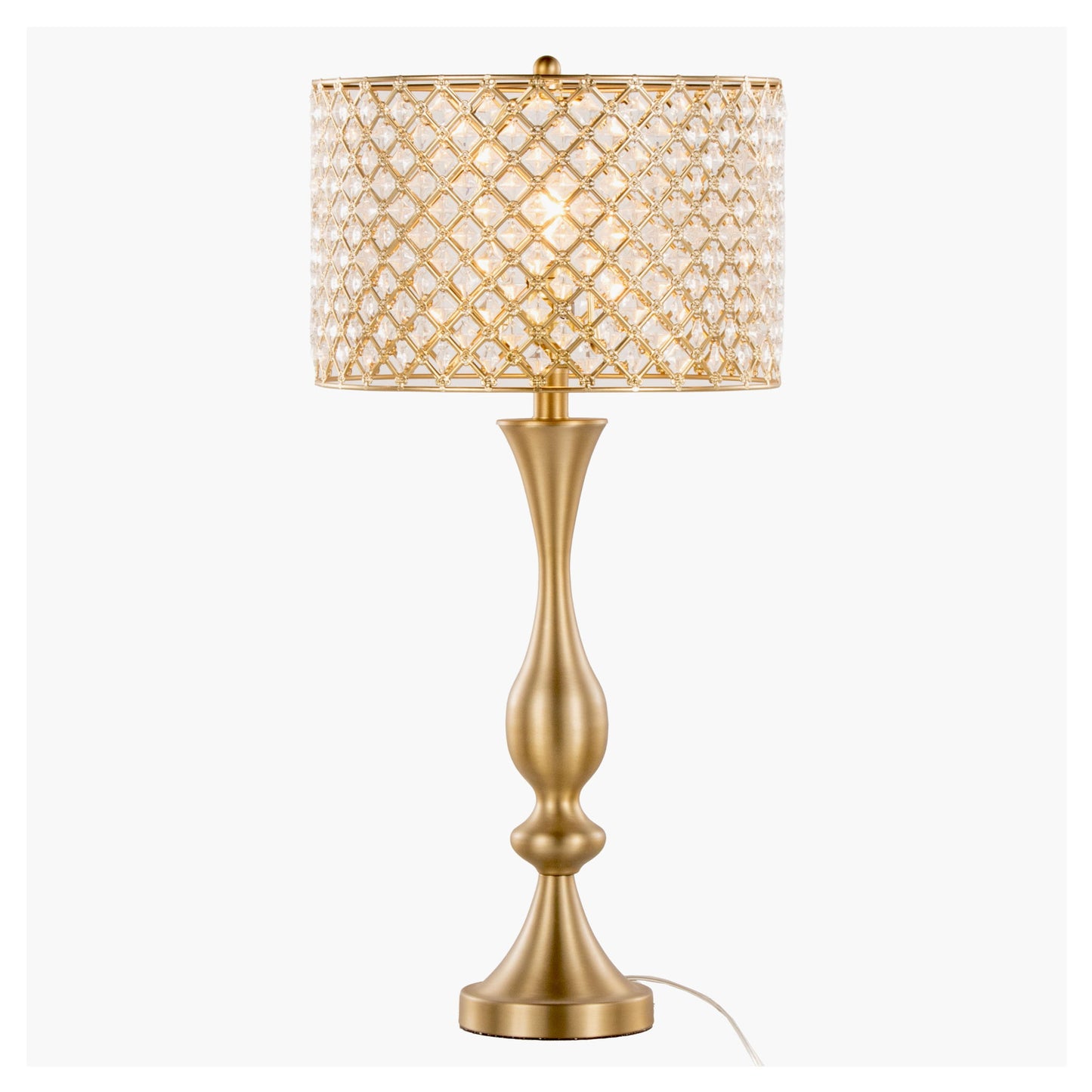 The Topaz - Contemporary Table Lamp features a gold sculpted base and a cylindrical lampshade with a diamond lattice design, shown illuminated against a plain white background.