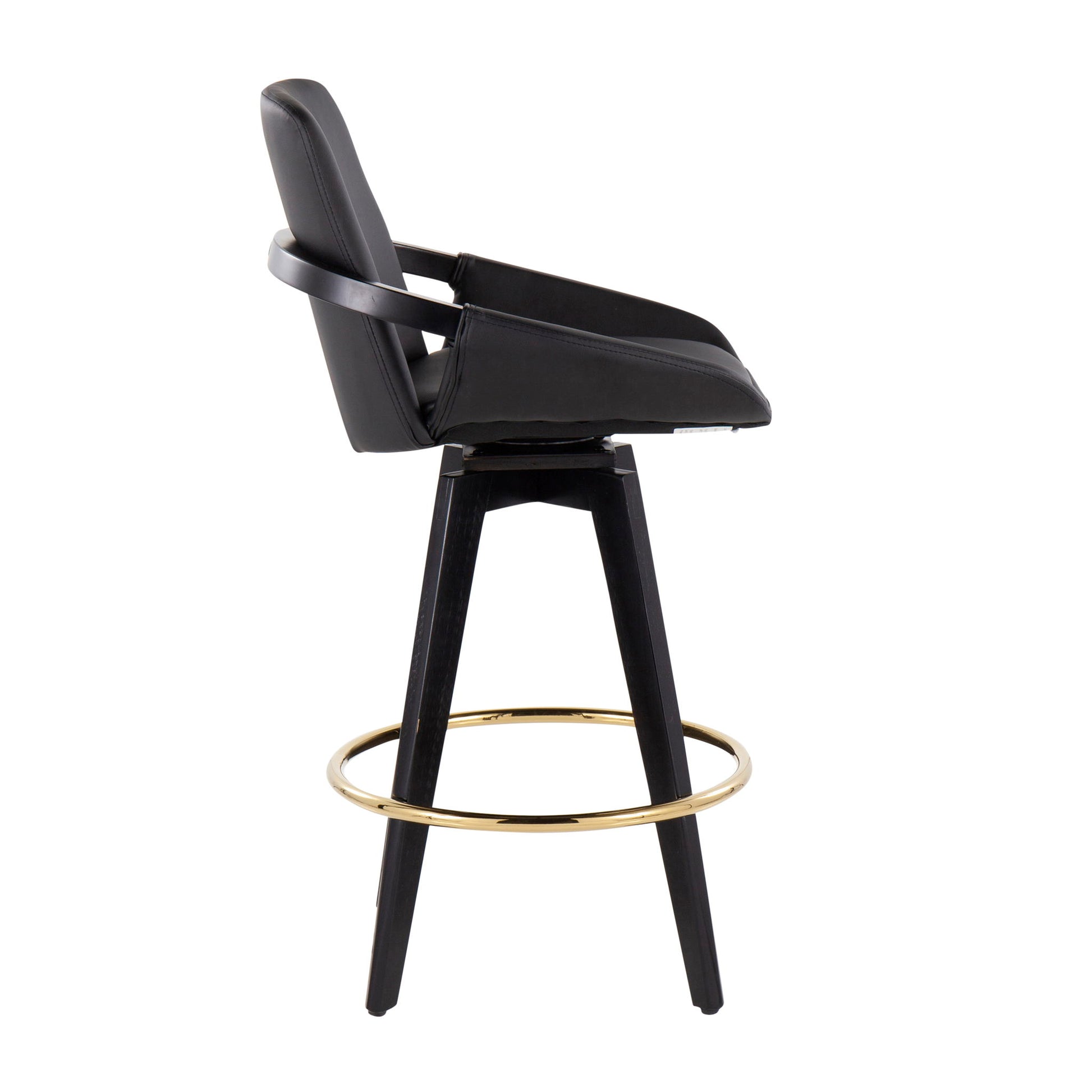 The Cosmo - Contemporary Fixed Height Counter Stool With Swivel (Set of 2) features a modern black design with padded seat and backrest, angled armrests, four black legs, and a round gold footrest. Shown in profile on a white background.