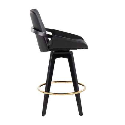The Cosmo - Contemporary Fixed Height Counter Stool With Swivel (Set of 2) features a modern black design with padded seat and backrest, angled armrests, four black legs, and a round gold footrest. Shown in profile on a white background.
