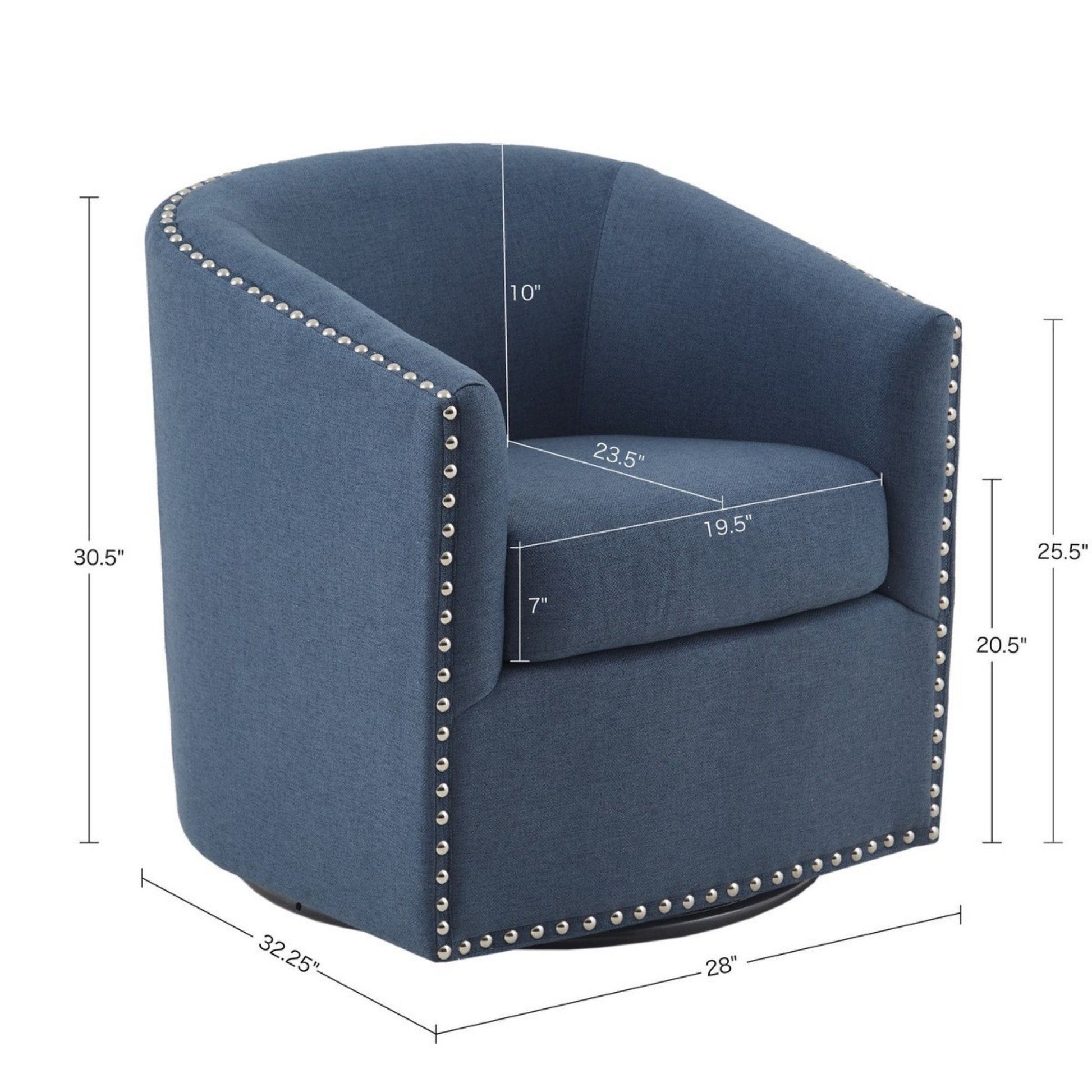 The Luxurious Chair With 360 Degree Rotation features blue upholstery, silver nailhead trim, and dimensions of 30.5"H x 28"W x 32.25"D; arm height: 25.5", seat height: 20.5", seat depth: 23.5".