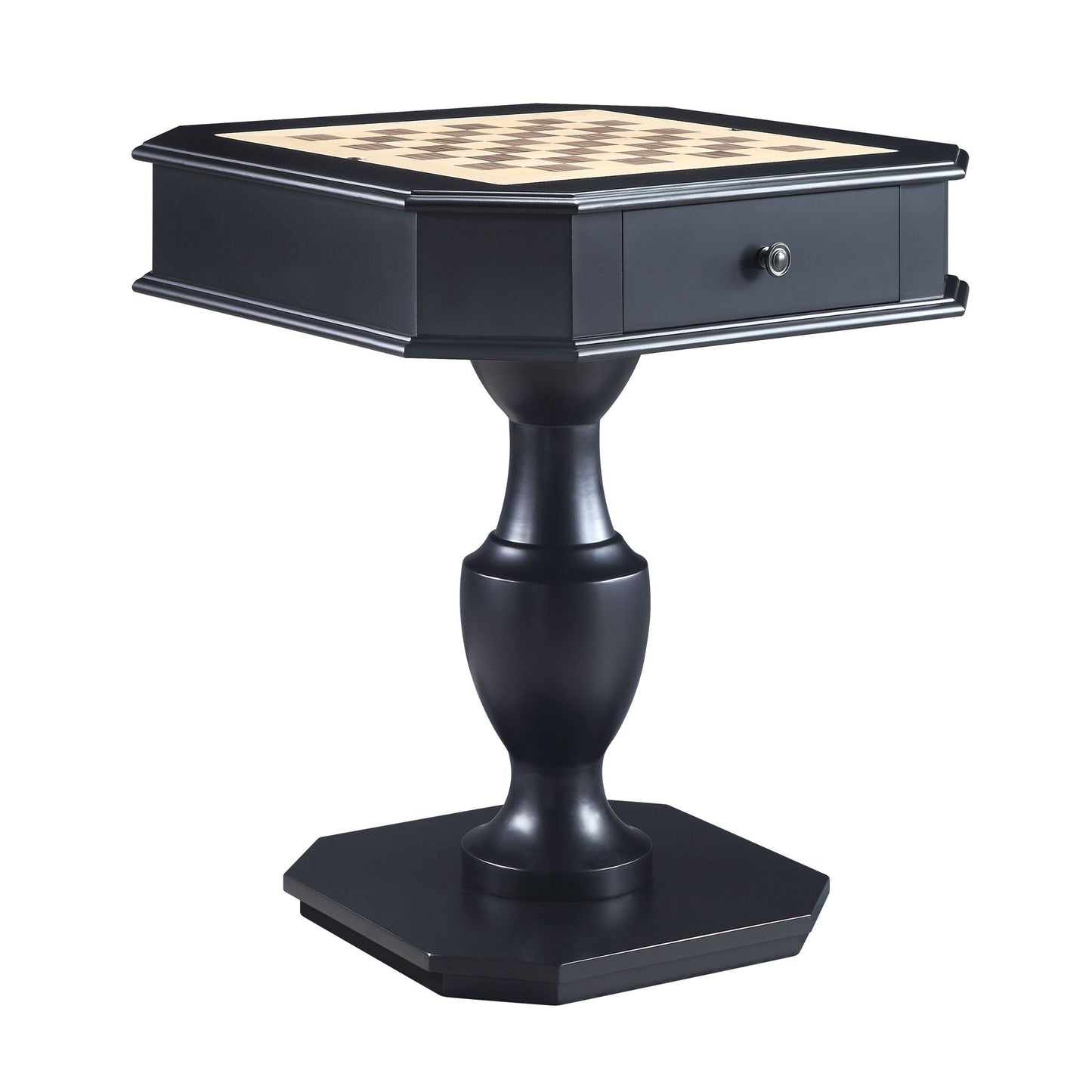 The Galini - Game Table features a black pedestal design with a chessboard top, a small drawer beneath, and a rounded central support on a hexagonal base.