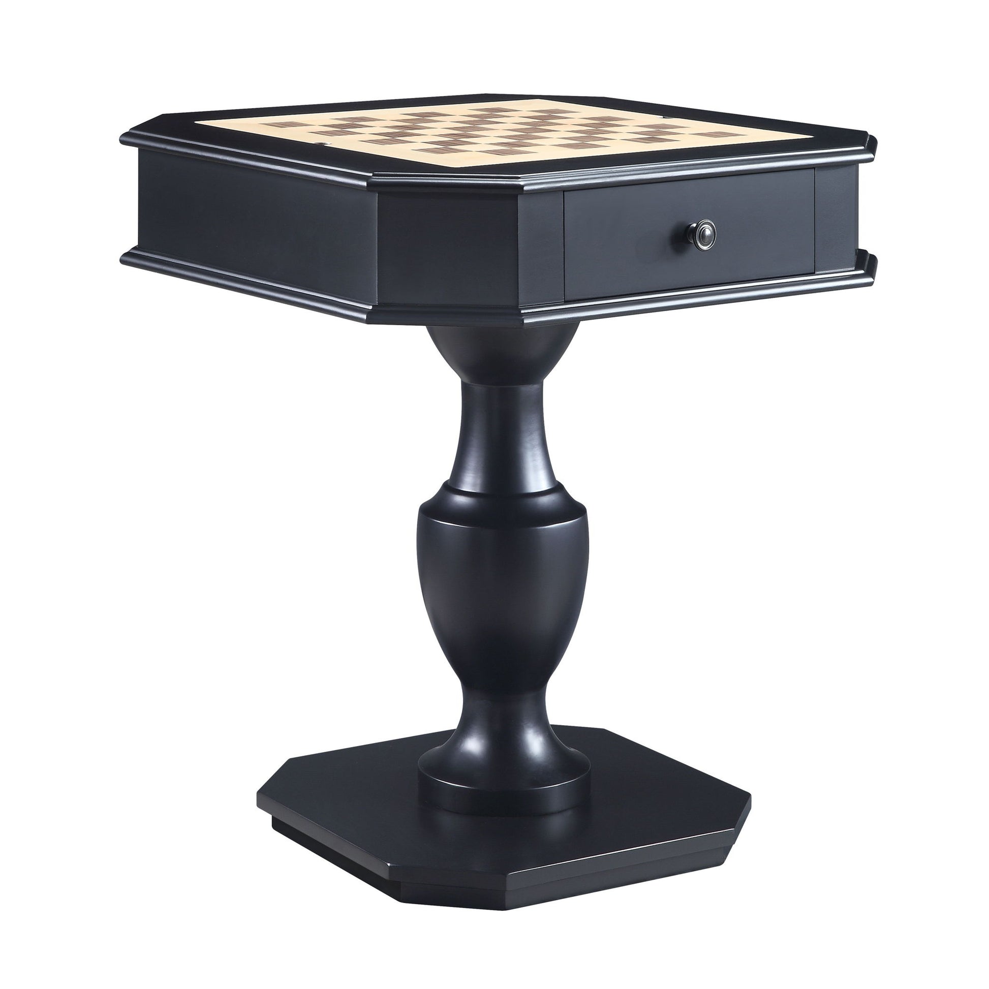 The Galini - Game Table features a black pedestal design with a chessboard top, a small drawer beneath, and a rounded central support on a hexagonal base.