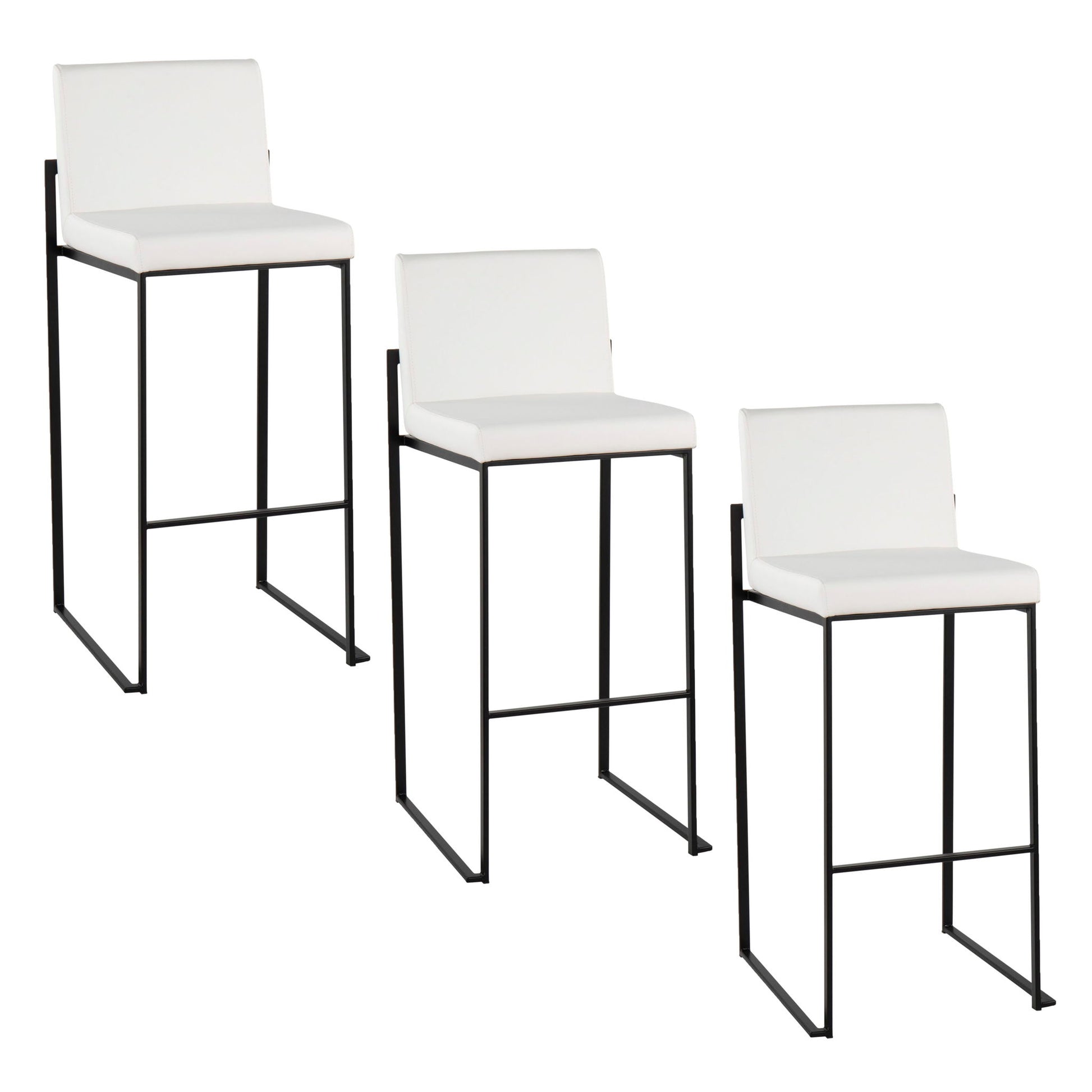 Three Fuji Contemporary High Back Barstools, elegant design with white cushioned seats and minimalist black frames, are arranged in a staggered descending row left to right.