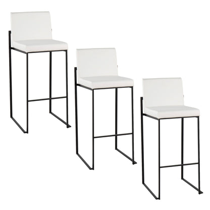 Three Fuji Contemporary High Back Barstools, elegant design with white cushioned seats and minimalist black frames, are arranged in a staggered descending row left to right.