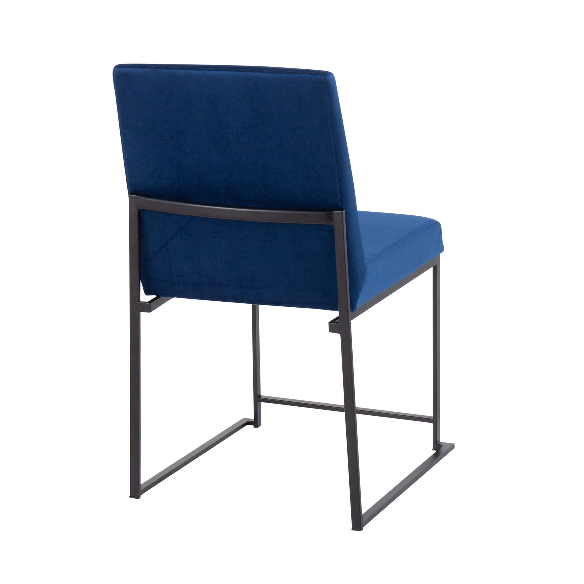 The Fuji - Contemporary Modern Elegance With High Back Dining Chair (Set of 2) features a blue upholstered seat and backrest with a sleek black metal sled base, shown from the back at a slight angle.