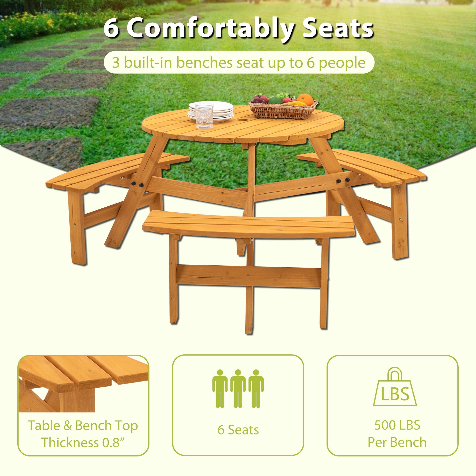 The 6 Person Circular Outdoor Wooden Picnic Table features 3 built-in curved benches, 0.8-inch thick tops, and a total capacity of 1720 lbs—perfect for patio, backyard, or garden gatherings.