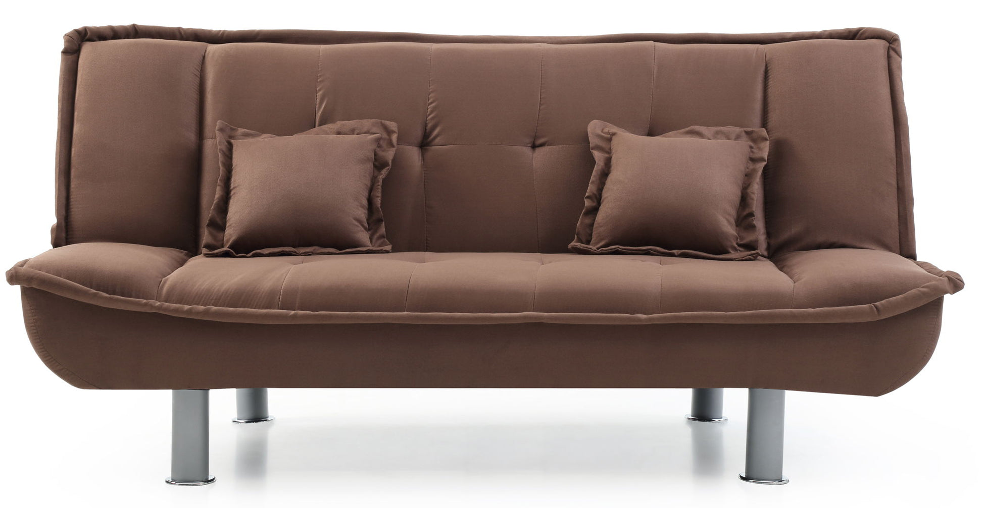 The Lionel - Sofa Bed is a modern brown futon with metal legs and two matching square pillows, shown against a white background.