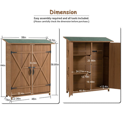 The Outdoor Storage Shed features lockable double doors, a pitch roof, detachable shelves, and measures 53.5"H x 48"W x 19.5"D; internal shelf sizes are labeled in inches.