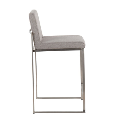 Side view of the Fuji - Contemporary High Back Counter Stool features a gray cushioned seat and backrest, supported by a sleek minimalist metal frame with clean lines for a functional design.