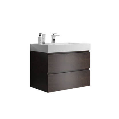 The Alice wall-mounted bathroom vanity features a dark wood finish, two drawers, a one-piece white sink basin (without drain and faucet), and ample storage for a modern bathroom. Bottles can be placed conveniently on the countertop.