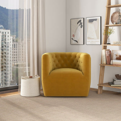 A modern living room featuring the Delaney Ergonomic Design Swivel Chair in mustard yellow, a white woven basket, a wooden shelf with books and decor, two abstract art prints on the wall, and large windows overlooking city buildings and trees.