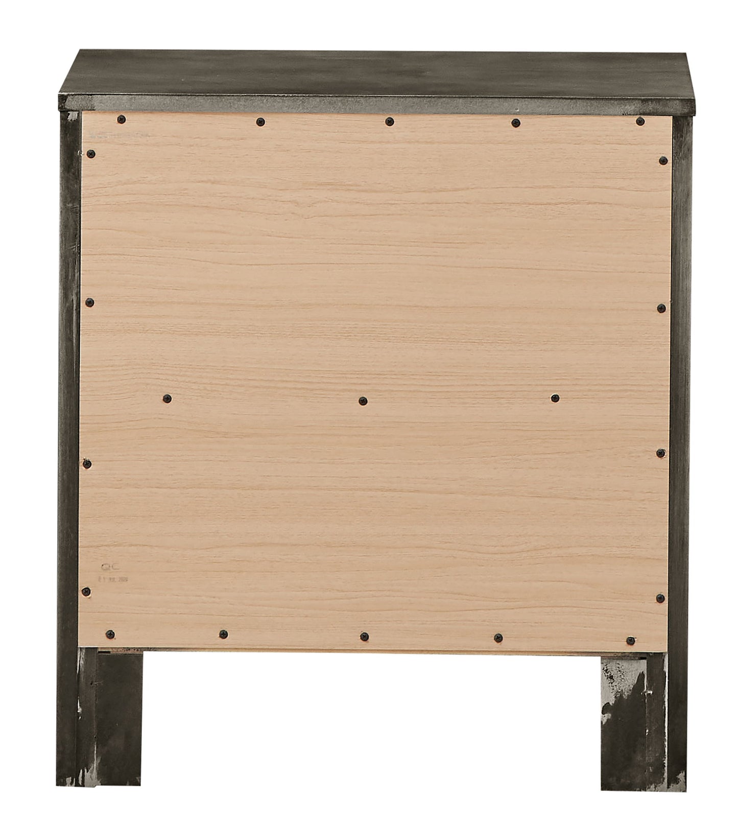 The Charming Nightstand With Drawers is shown from the back, featuring an unfinished light wood panel secured with evenly spaced screws on a darker wood frame and legs.