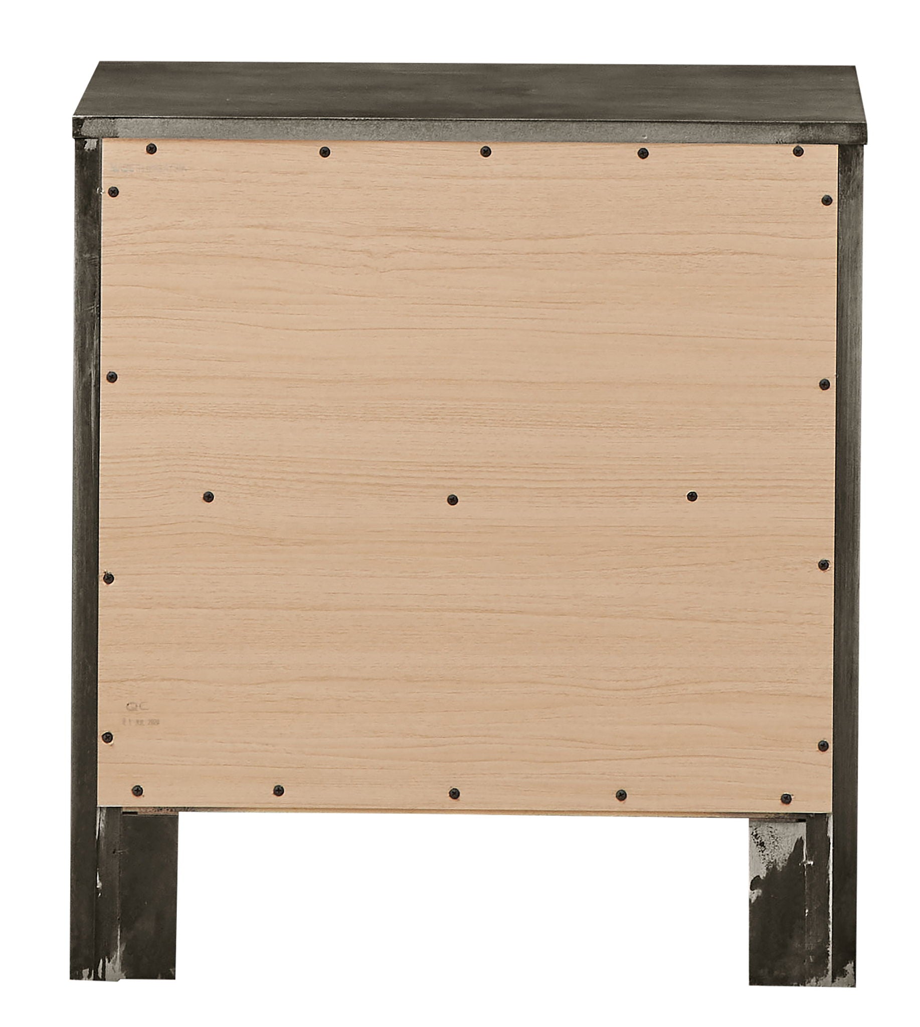 The Charming Nightstand With Drawers is shown from the back, featuring an unfinished light wood panel secured with evenly spaced screws on a darker wood frame and legs.
