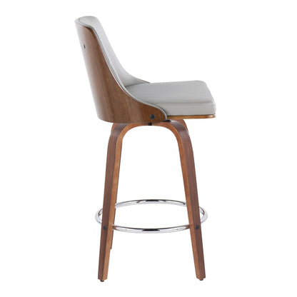 The Gianna Mid-Century Modern Fixed Height Stool features a curved wooden frame, light gray cushioned seat and backrest, four wooden legs, and a round chrome footrest; pictured in side profile. Set of 2 with swivel functionality.