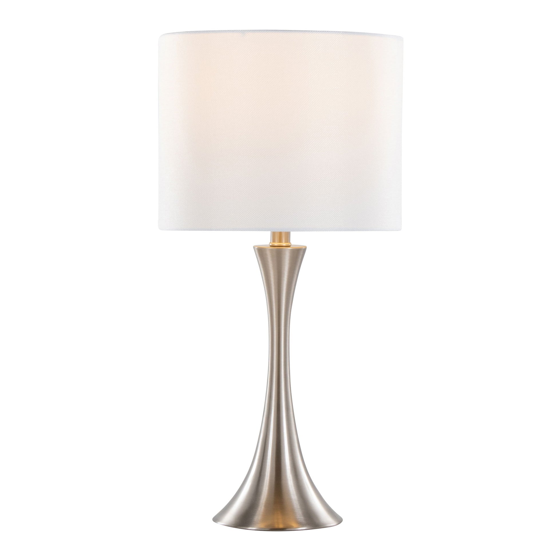 The Lenuxe - Contemporary Semi Gloss Table Lamp (Set of 2) features a brushed metallic curved base and a large cylindrical white shade, displayed against a plain white background.