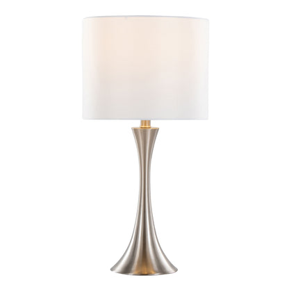 The Lenuxe - Contemporary Semi Gloss Table Lamp (Set of 2) features a brushed metallic curved base and a large cylindrical white shade, displayed against a plain white background.