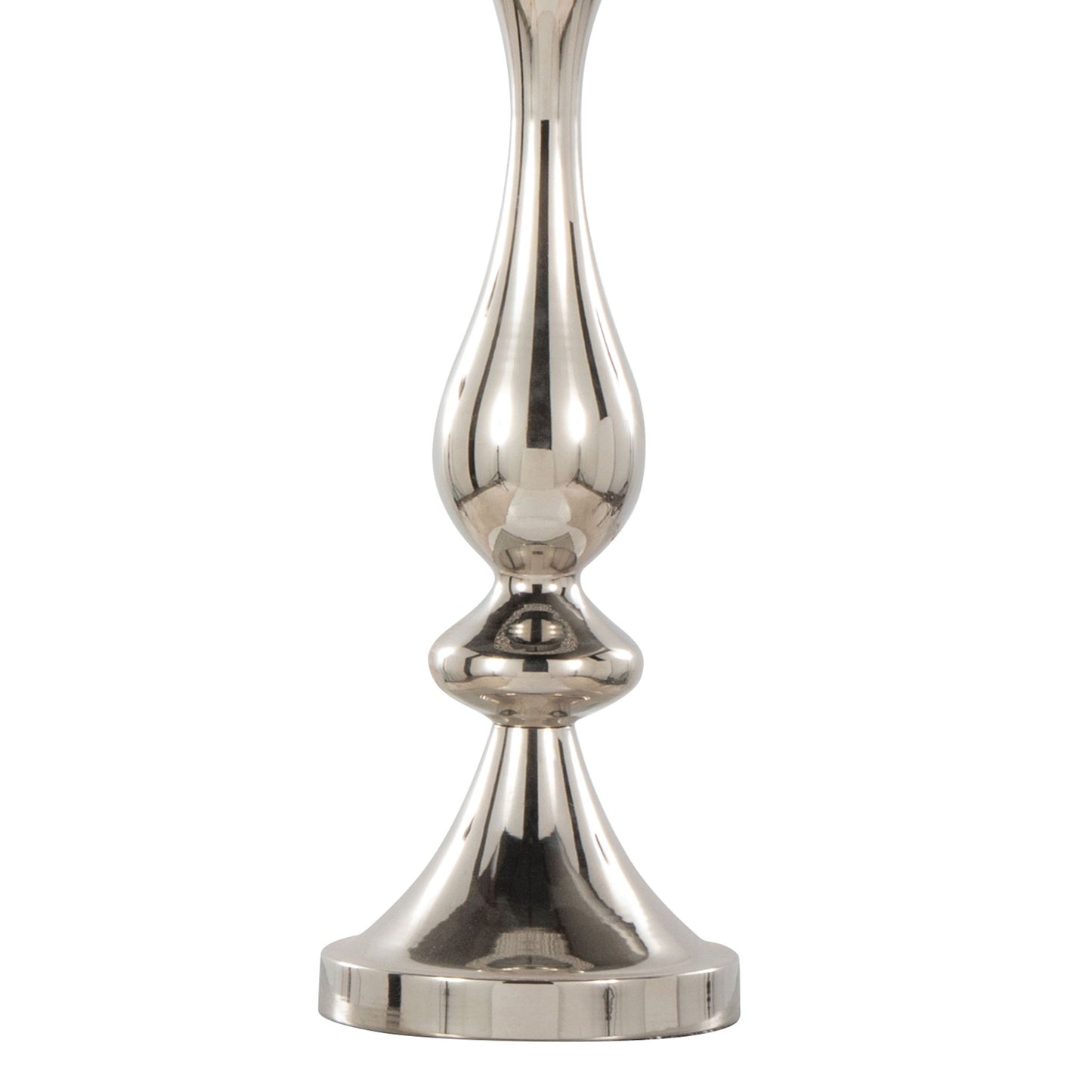 A close-up of the Topaz Contemporary Table Lamp featuring a polished silver finish, a rounded decorative stem, and a wide flat base.