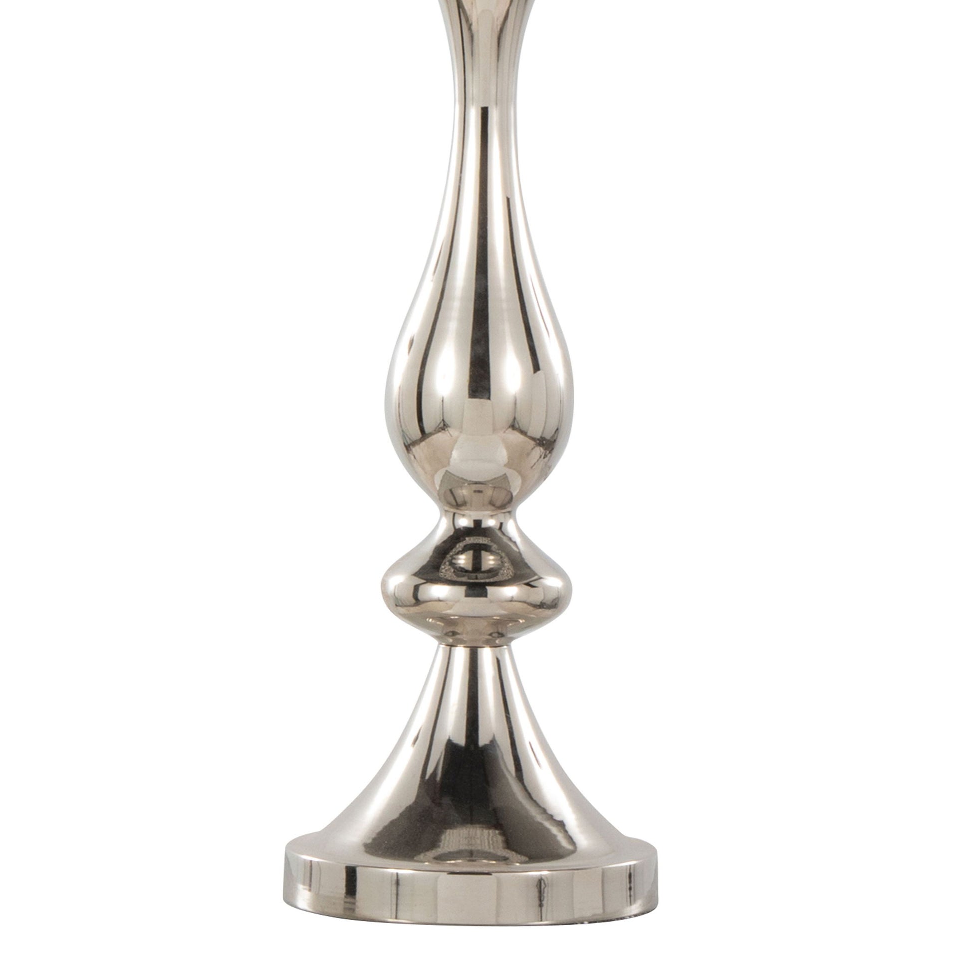 A close-up of the Topaz Contemporary Table Lamp featuring a polished silver finish, a rounded decorative stem, and a wide flat base.