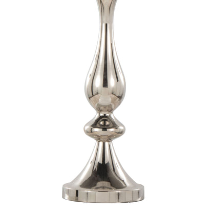 A close-up of the Topaz Contemporary Table Lamp featuring a polished silver finish, a rounded decorative stem, and a wide flat base.