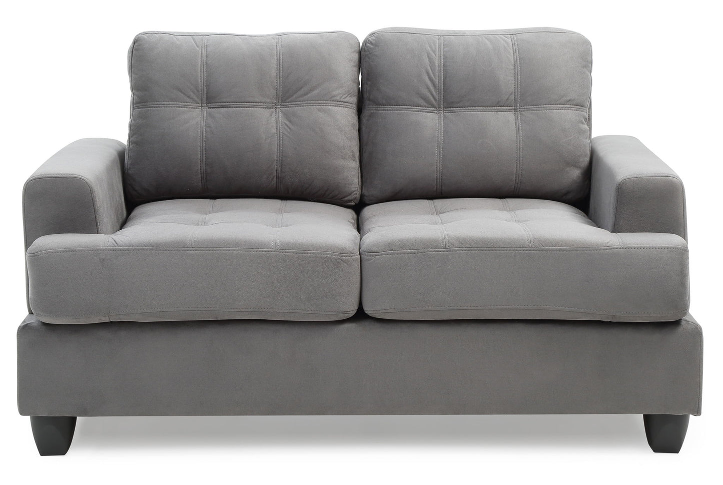 The Stylish Transitional Loveseat For Two features a modern gray design with square cushions, visible stitching, and short black legs, shown against a white background.