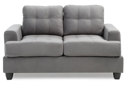 The Stylish Transitional Loveseat For Two features a modern gray design with square cushions, visible stitching, and short black legs, shown against a white background.
