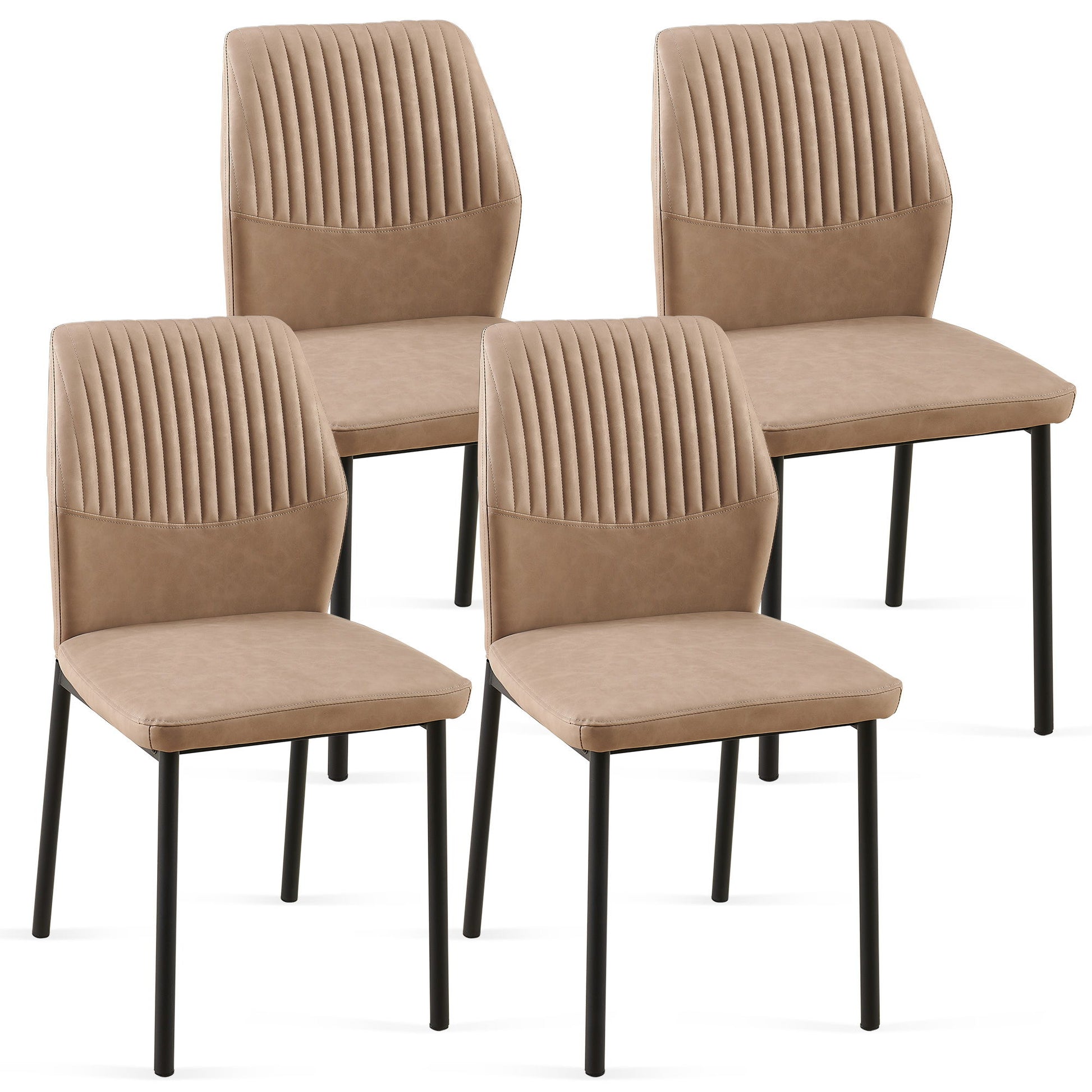 Set of four Dining Chairs Living Room Chair Modern Kitchen Armless Side Chair with light brown cushioned seats and backs featuring vertical stitched lines, black metal legs, and a simple contemporary design.