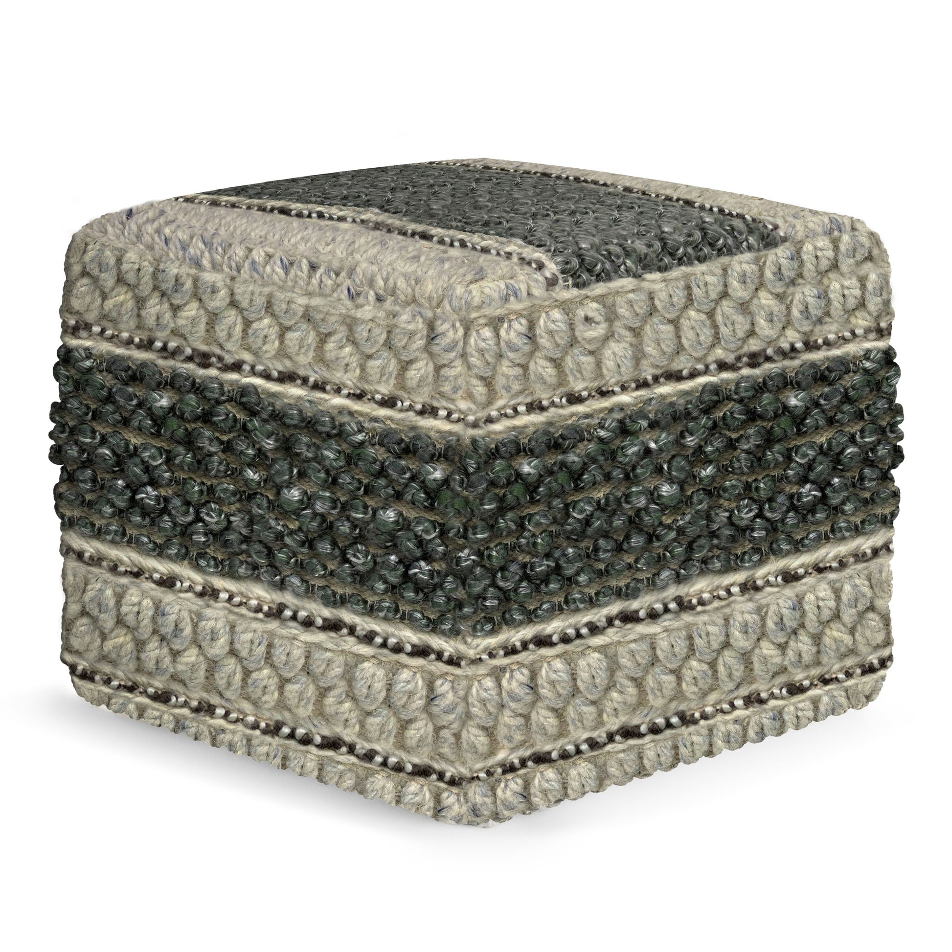 The Grady Handcrafted Square Pouf is made with thick, woven yarn in gray and cream, showcasing textured horizontal stripes and looped patterns.