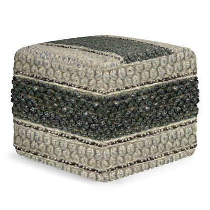 The Grady Handcrafted Square Pouf is made with thick, woven yarn in gray and cream, showcasing textured horizontal stripes and looped patterns.