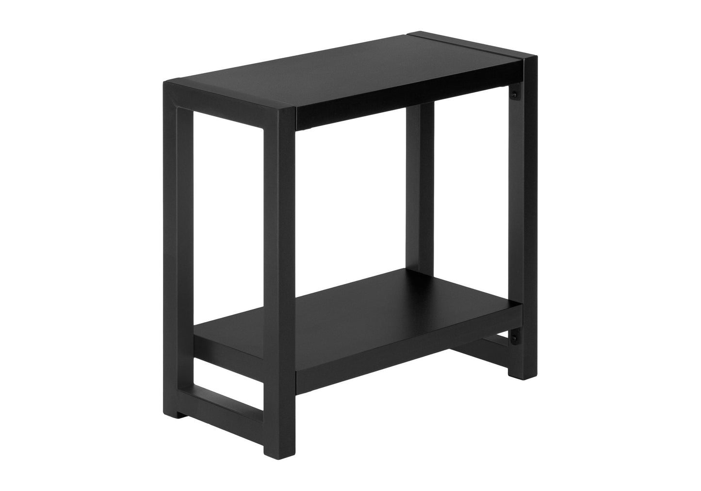 The Accent Side Table is a small, narrow, 2-tier piece with a rectangular top and open lower shelf. It features clean lines and a contemporary, modern minimalist design in black.