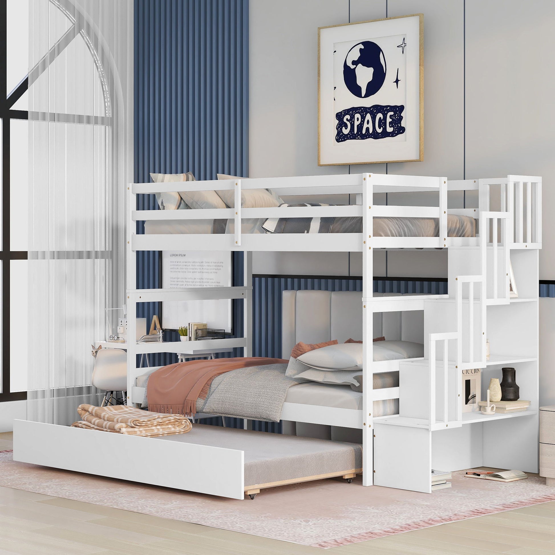 A modern bedroom features the Twin Over Twin Bunk Beds With Twin Trundle And Stairway Storage Function, set against blue and white walls with a large window and a framed "SPACE" poster above the bed.