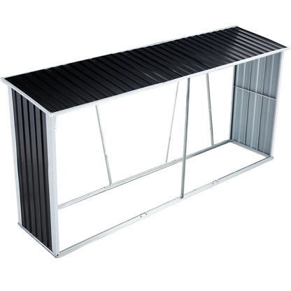 The Firewood Rack, Log Holder With Roof is a gray galvanized steel log storage stand designed for outdoor use on your backyard, garden, patio, or porch to keep firewood protected and organized.