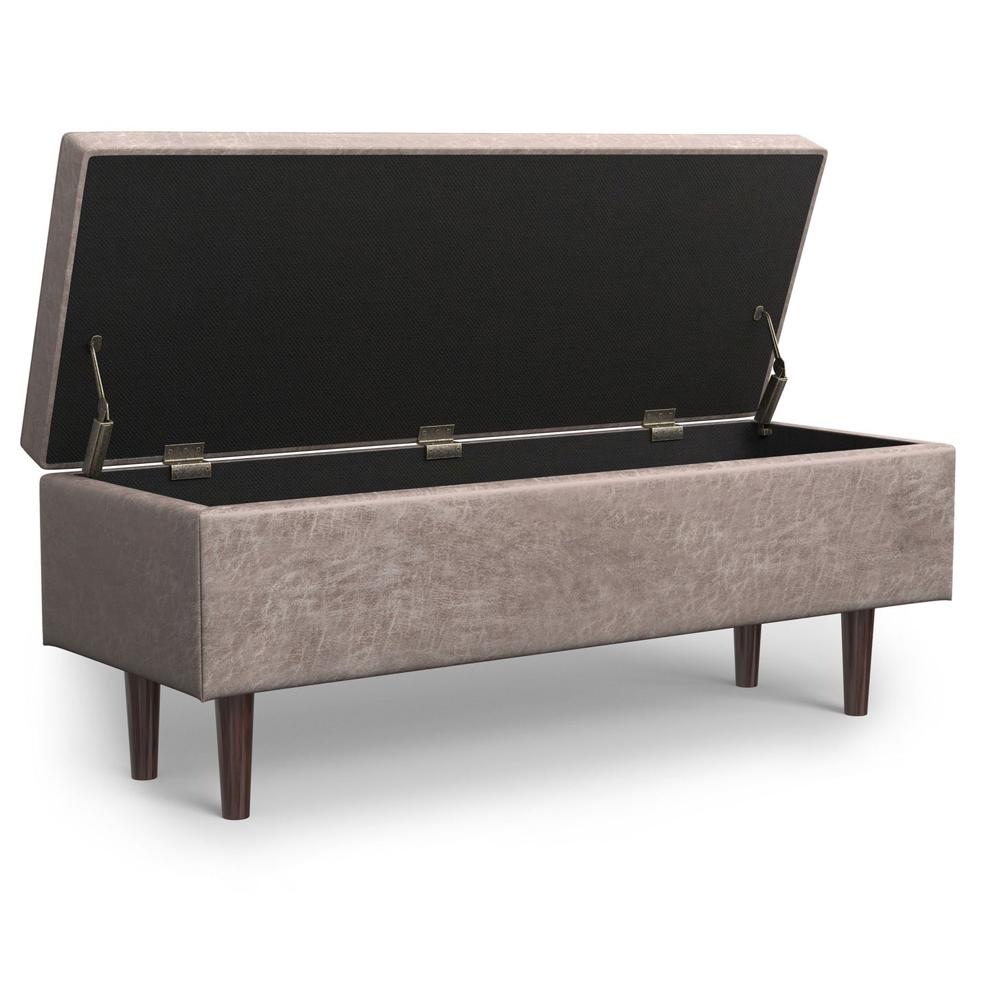 The Shay Large Square Coffee Table Storage Ottoman, in mid-century style, features light brown upholstery, four wooden legs, and an open hinged lid that reveals a spacious storage compartment inside.