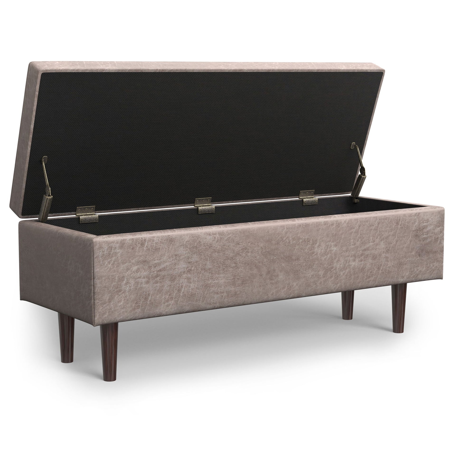 The Shay Large Square Coffee Table Storage Ottoman, in mid-century style, features light brown upholstery, four wooden legs, and an open hinged lid that reveals a spacious storage compartment inside.