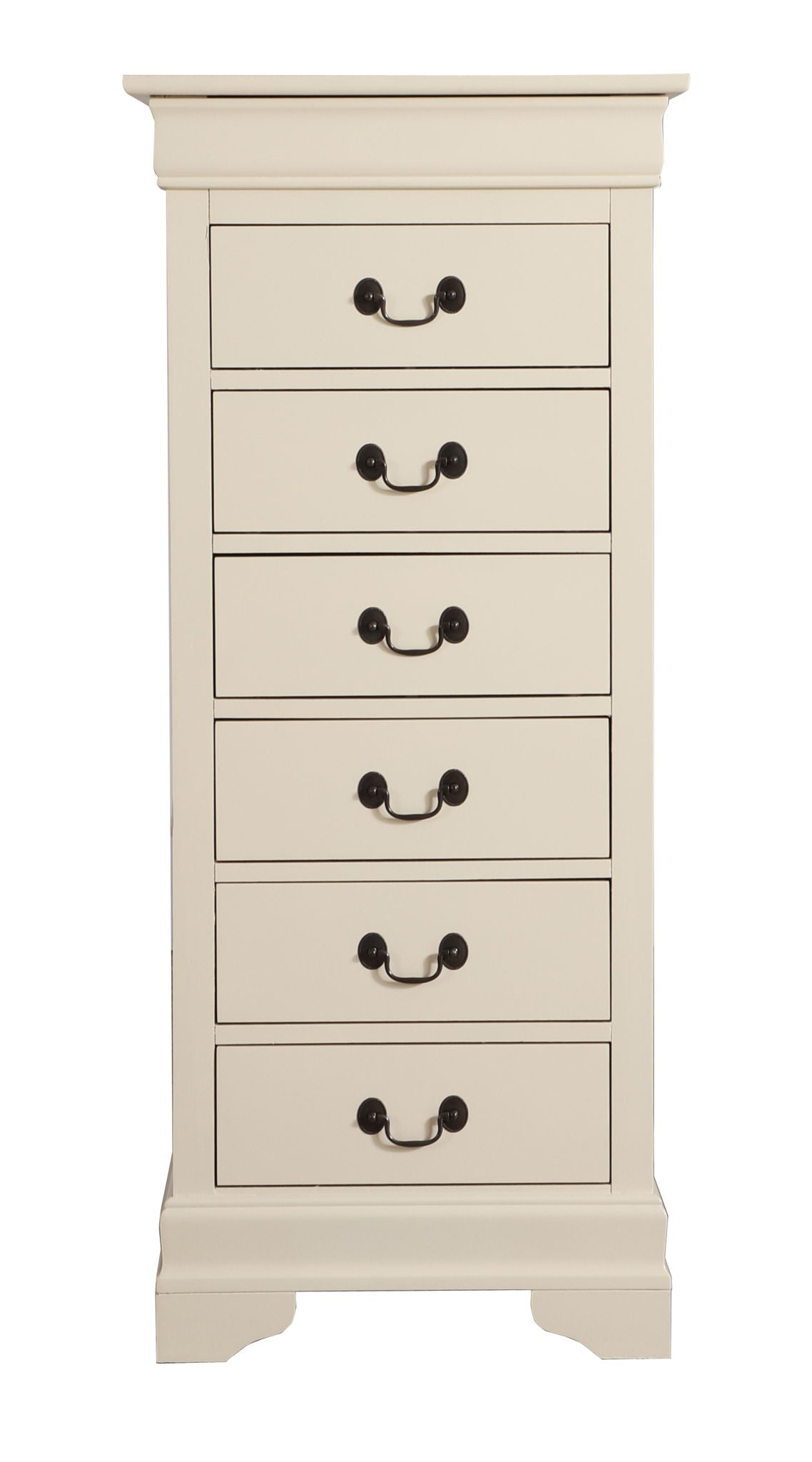 The Traditional Style Lingerie Storage Chest Timeless is a tall, cream-colored wooden dresser with six drawers, each with two dark metal handles. Its simple, classic design features a flat top and a slightly curved base.