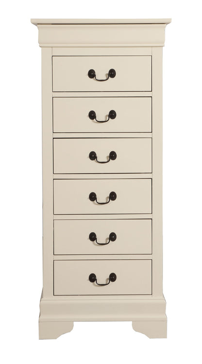 The Traditional Style Lingerie Storage Chest Timeless is a tall, cream-colored wooden dresser with six drawers, each with two dark metal handles. Its simple, classic design features a flat top and a slightly curved base.