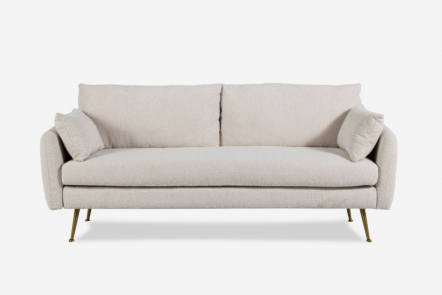 Park Sofa in beige features two back cushions, two side pillows, and slim gold metal legs, displayed against a plain white background.
